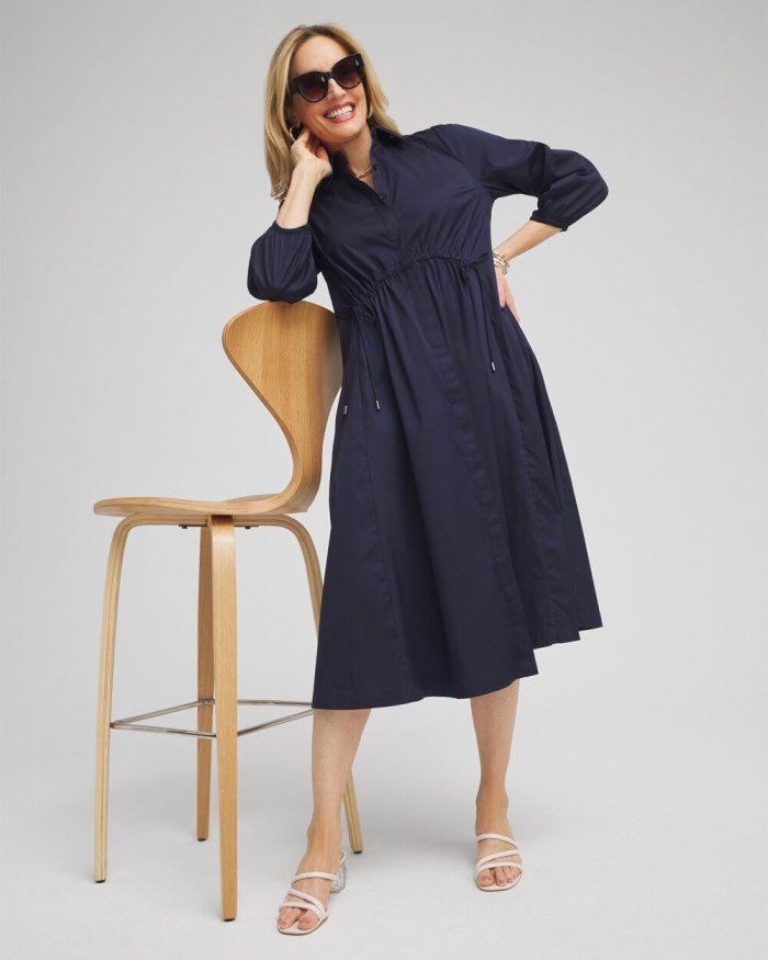 Chicos Poplin Adjustable Waist Shirt Dress - Classic Navy