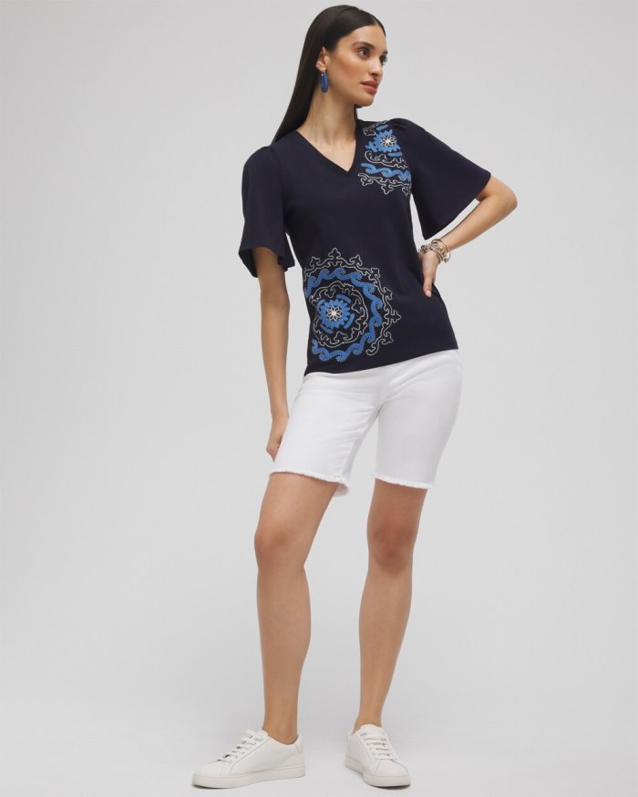 Chicos Embellished Flutter Sleeve Tee - Classic Navy