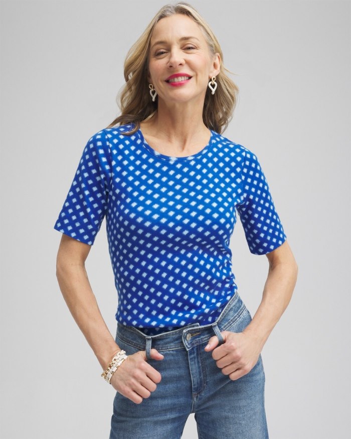 Chicos Checkered Everyday Elbow Sleeve Tee - Intense Azure