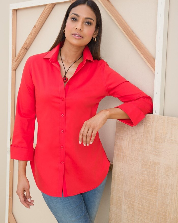 Chicos No Iron 3/4 Sleeve Stretch Shirt - Red Zinnia