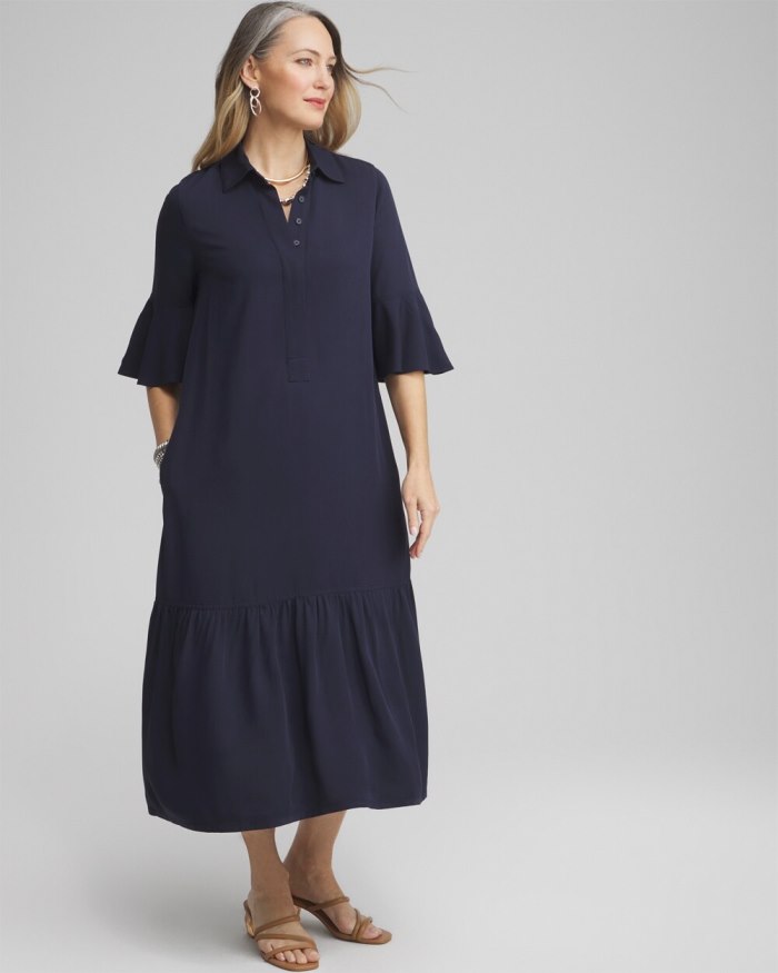 Chicos Flounce Sleeve Midi Dress - Classic Navy