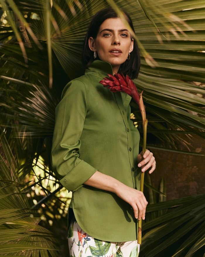 Chicos No Iron 3/4 Sleeve Stretch Shirt - Banana Leaf