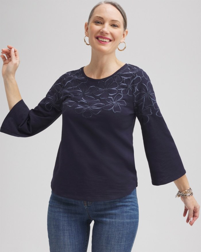 Chicos Floral Embroidered 3/4 Sleeve Top - Classic Navy