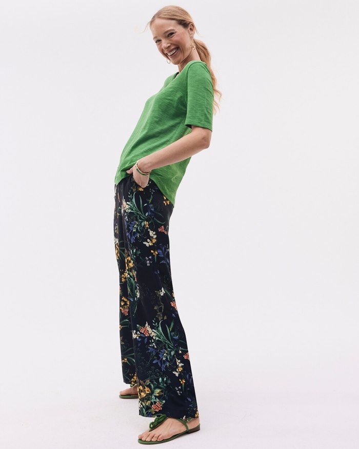 Chicos Floral Wide Leg Soft Pants - Black And Green