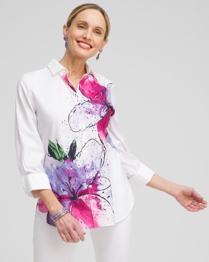 Chicos No Iron Stretch Floral 3/4 Sleeve Shirt - Optic White