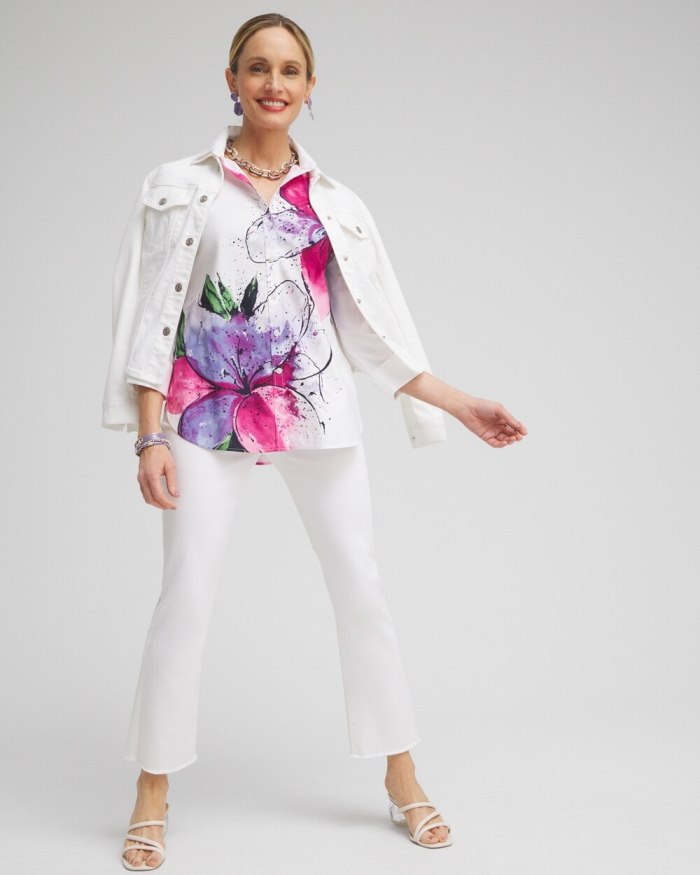 Chicos No Iron Stretch Floral 3/4 Sleeve Shirt - Optic White