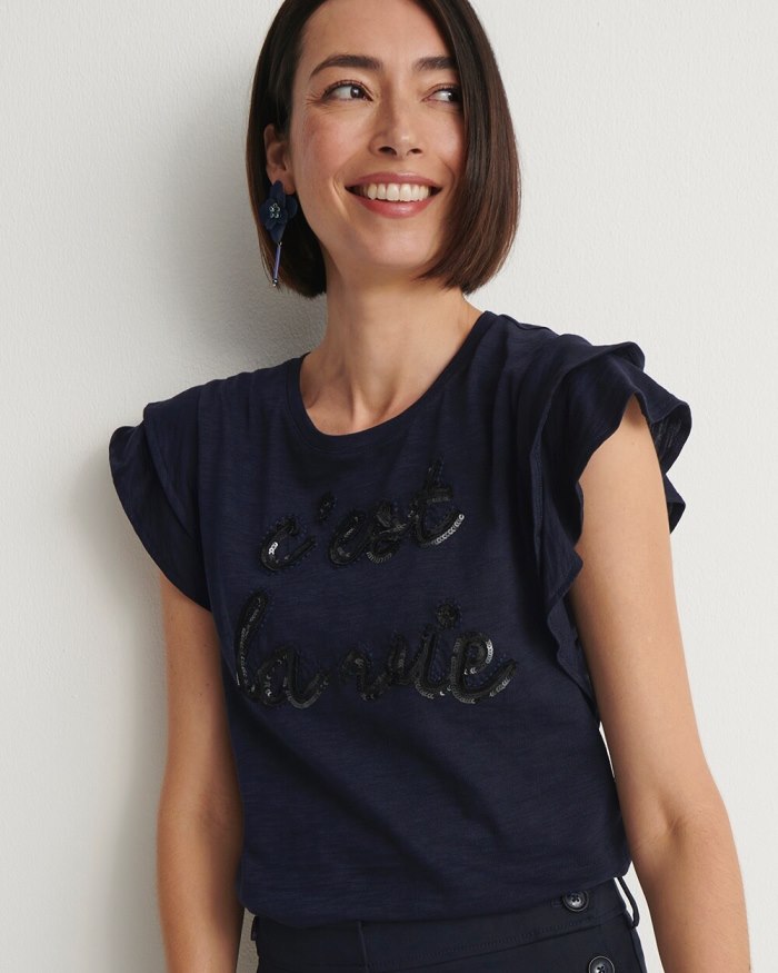 Chicos Tiered Flutter Sleeve Tee - Classic Navy