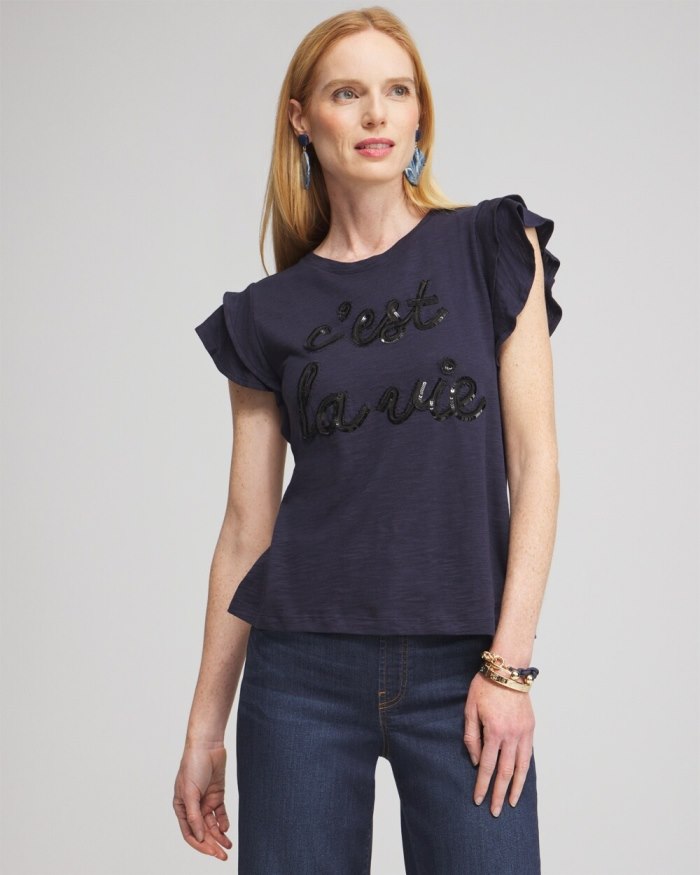 Chicos Tiered Flutter Sleeve Tee - Classic Navy