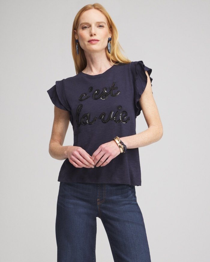 Chicos Tiered Flutter Sleeve Tee - Classic Navy