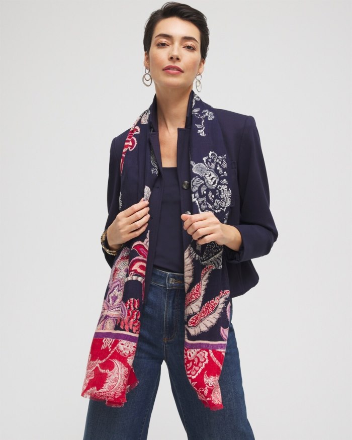 Chicos Mixed Floral Print Oblong Scarf - Classic Navy