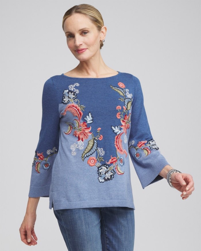 Chicos Floral Embroidered Kurta Sweater - Faded Indigo Heather Med