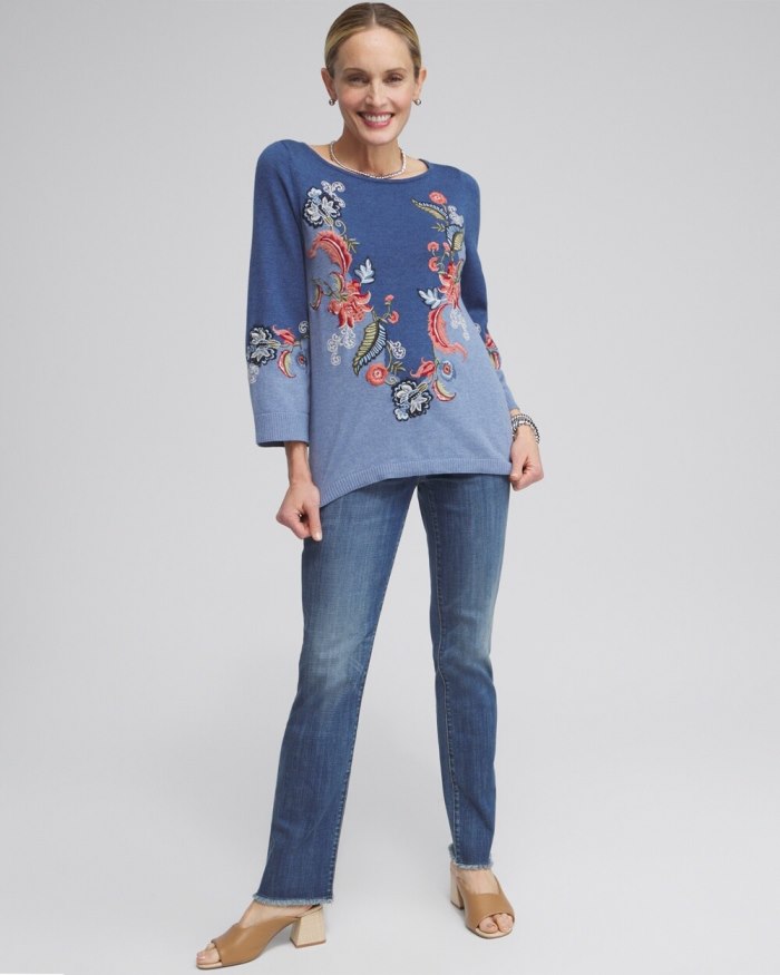 Chicos Floral Embroidered Kurta Sweater - Faded Indigo Heather Med