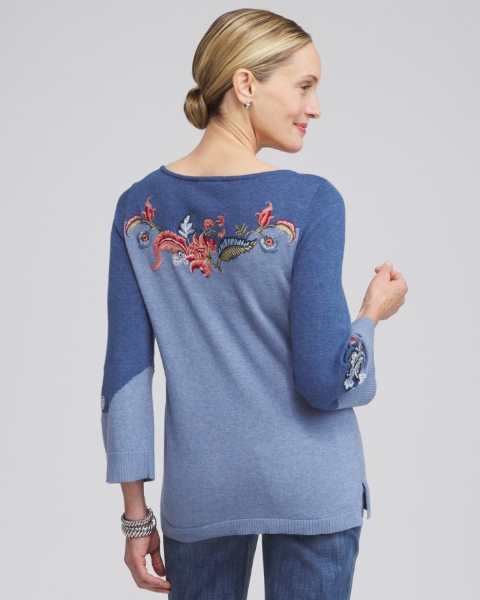 Chicos Floral Embroidered Kurta Sweater - Faded Indigo Heather Med