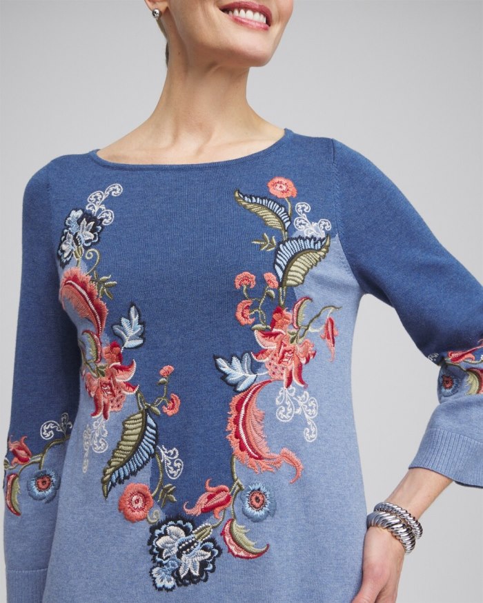 Chicos Floral Embroidered Kurta Sweater - Faded Indigo Heather Med