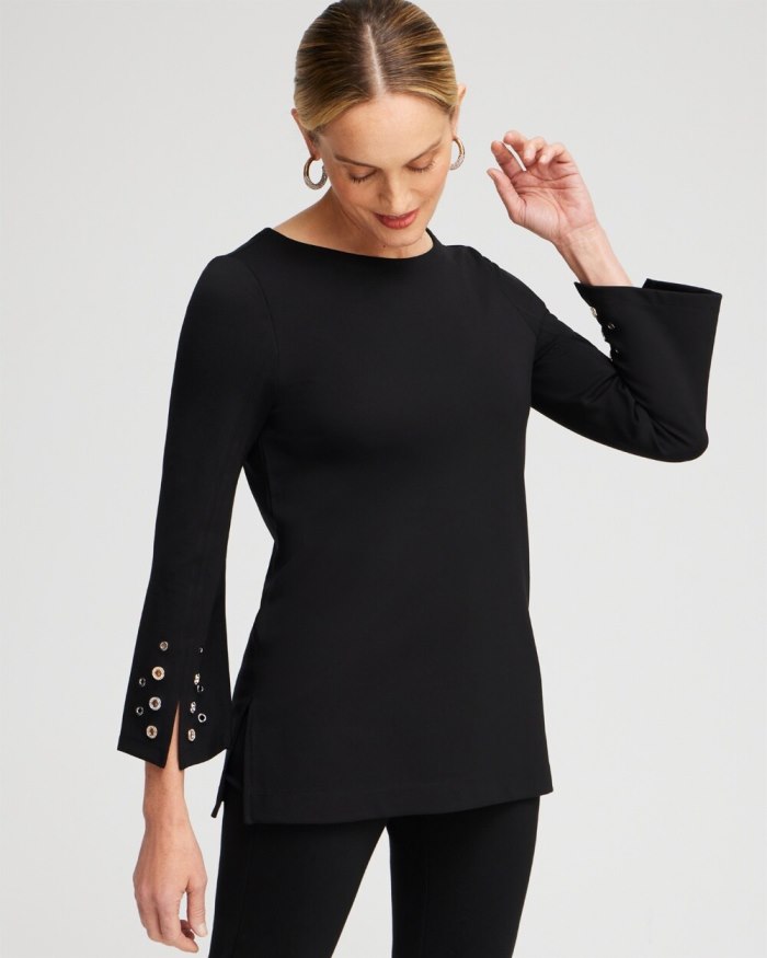 Chicos Ponte Grommet Flare Sleeve Top - Black