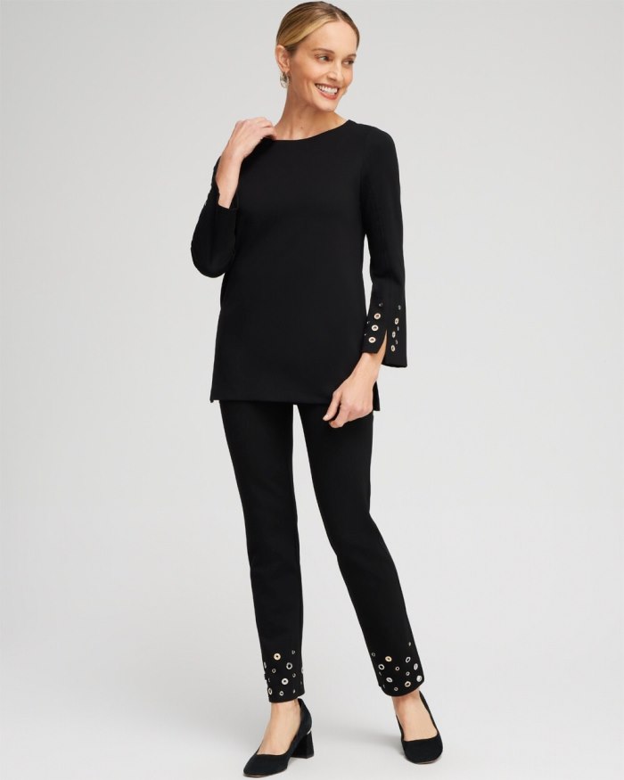 Chicos Ponte Grommet Flare Sleeve Top - Black