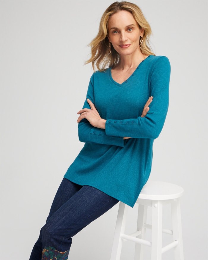 Chicos Button Detail V-neck Tunic - Azores Blue