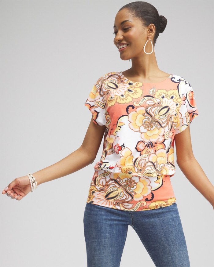 Chicos Touch of Cool Floral Banded Hem Tee - Mango Sorbet