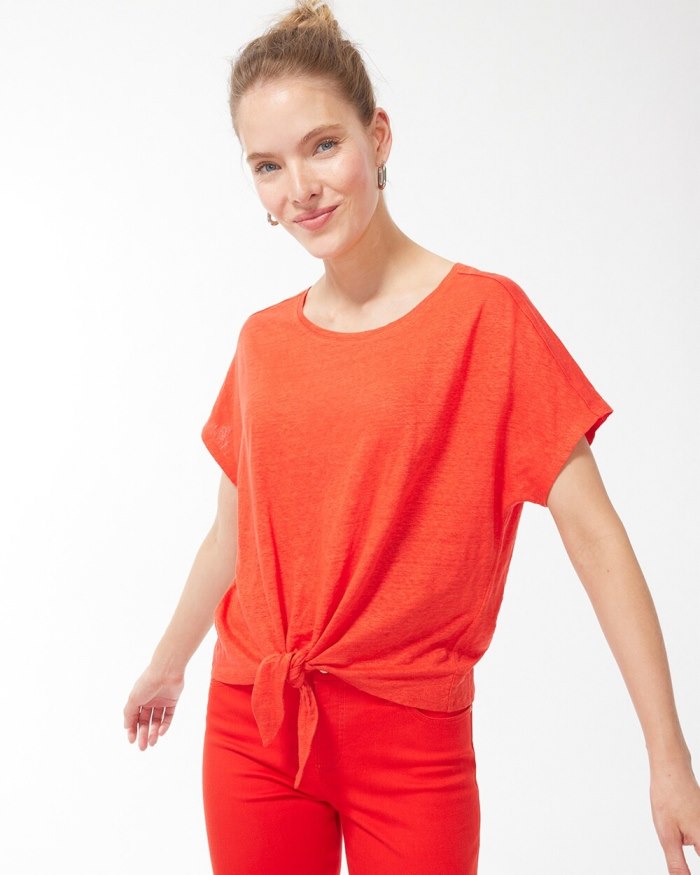 Chicos Linen Tie Front Tee - Flame Scarlet