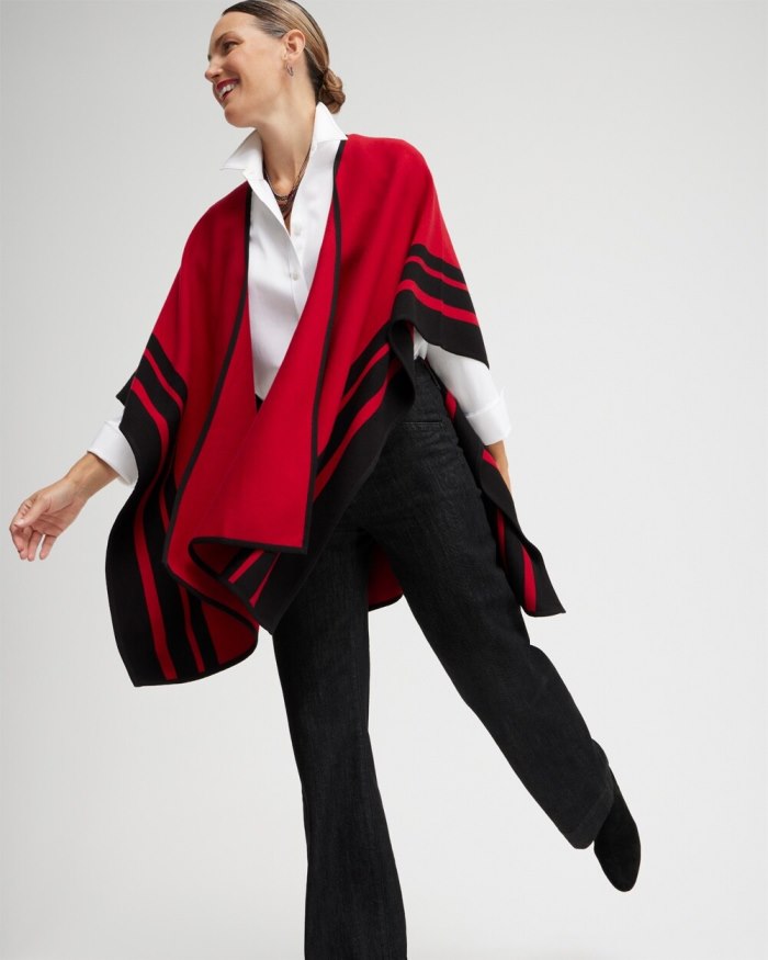 Chicos Red Stripe Border Ruana - Red Allure