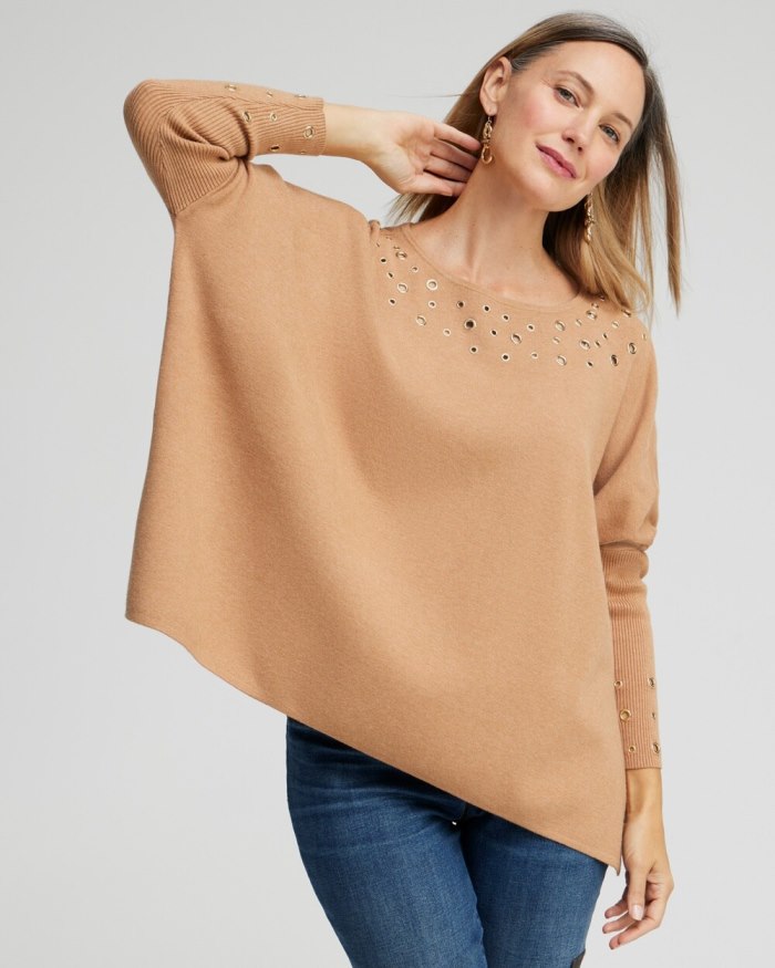 Chicos Grommet Detail Sweater Poncho - Camel