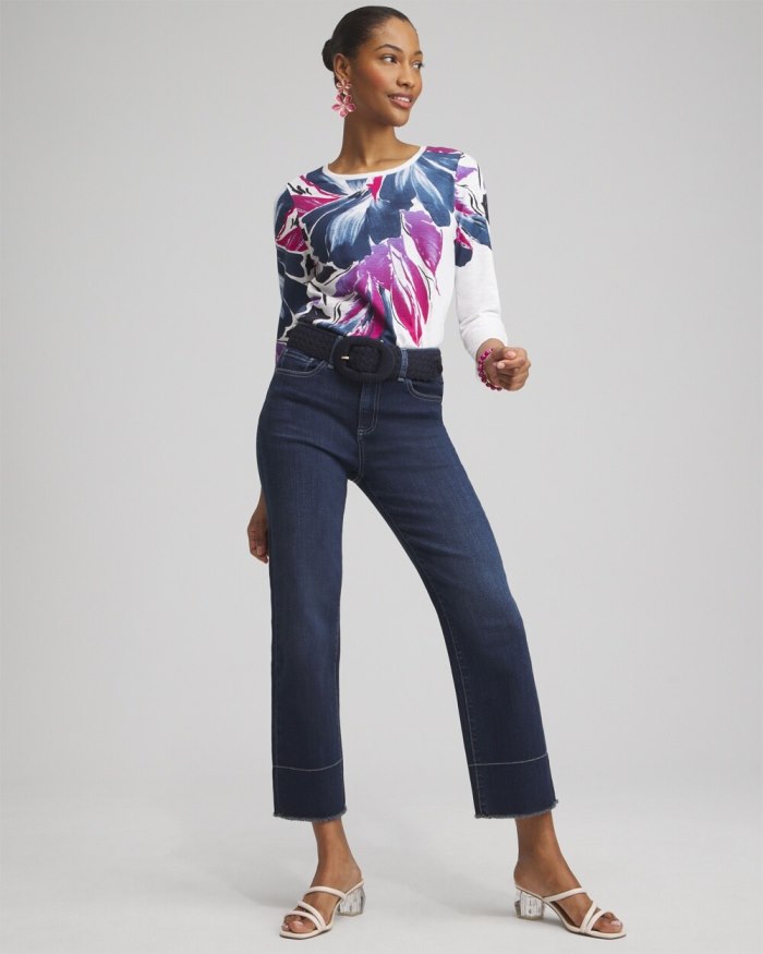 Chicos Floral 3/4 Sleeve Button Tee - Classic Navy