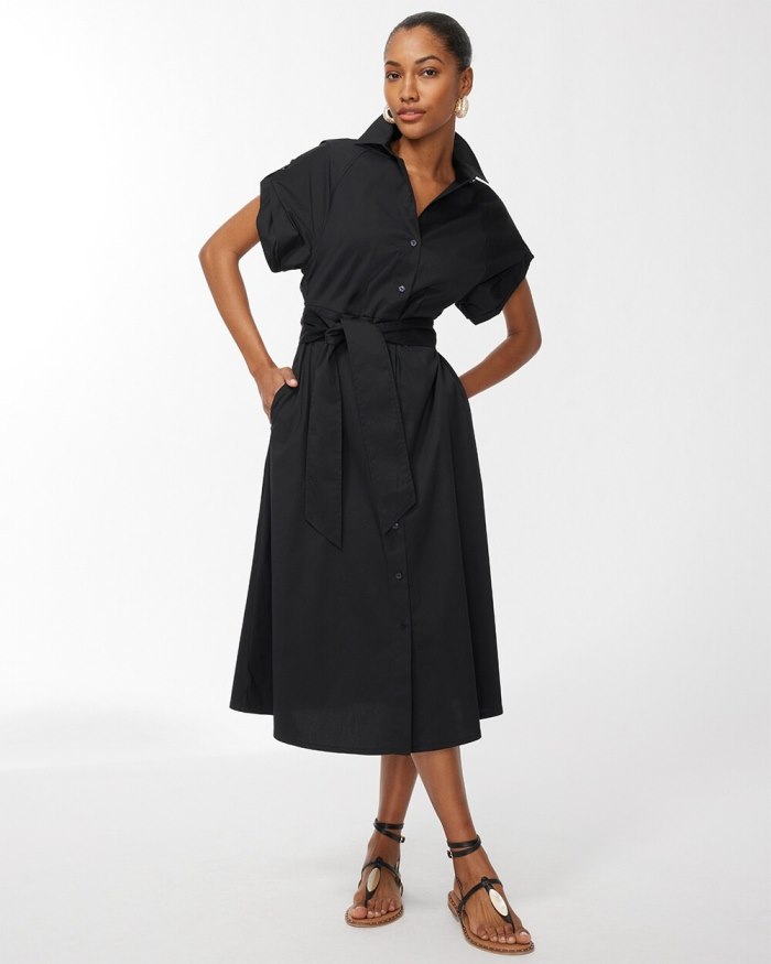 Chicos Poplin Tie Waist Shirt Dress - Black