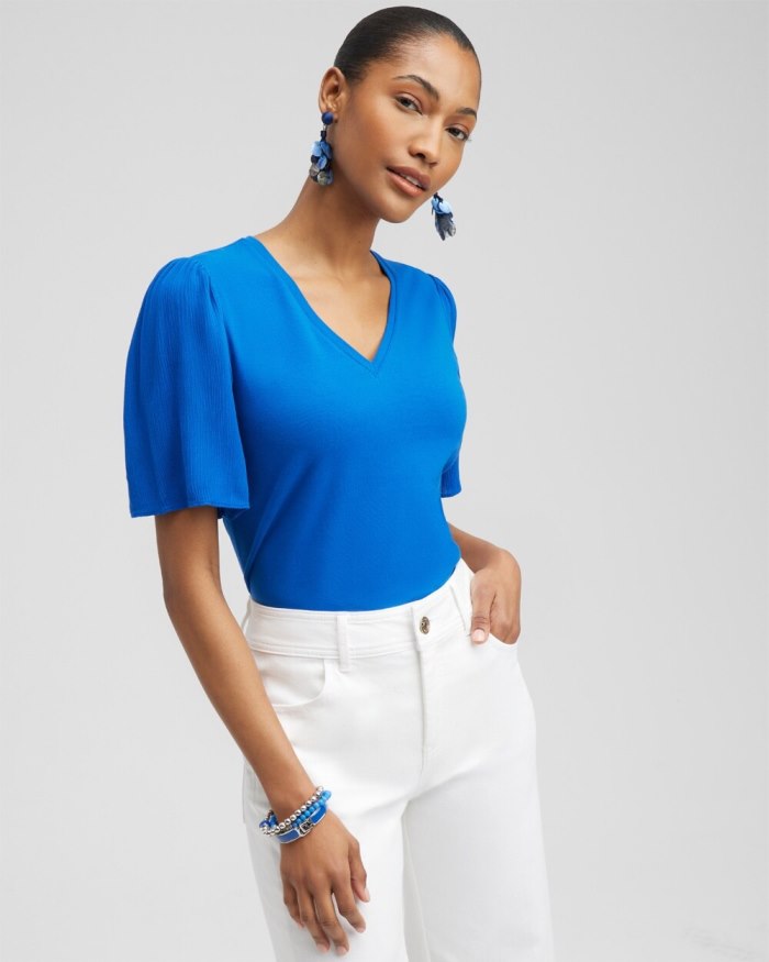 Chicos Gauze Flutter Sleeve Top - Intense Azure