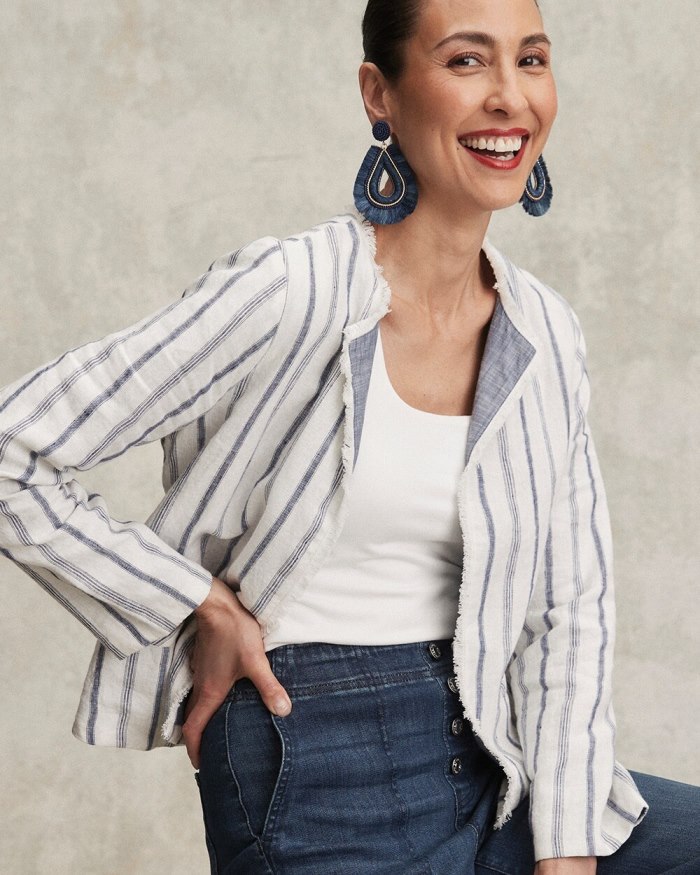 Chicos Stripe Linen Frayed Jacket - Alabaster