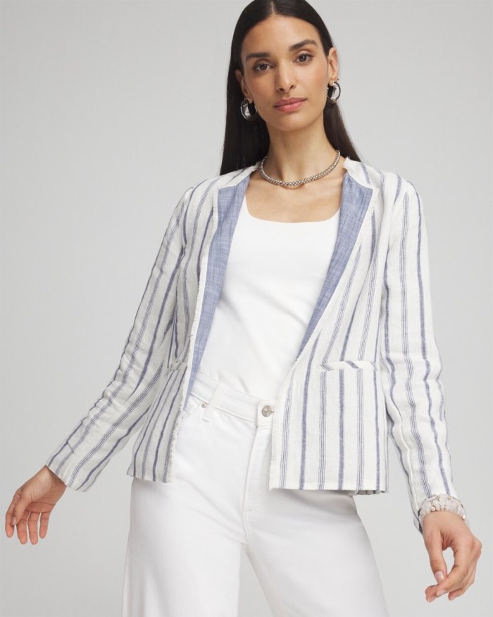 Chicos Stripe Linen Frayed Jacket - Alabaster