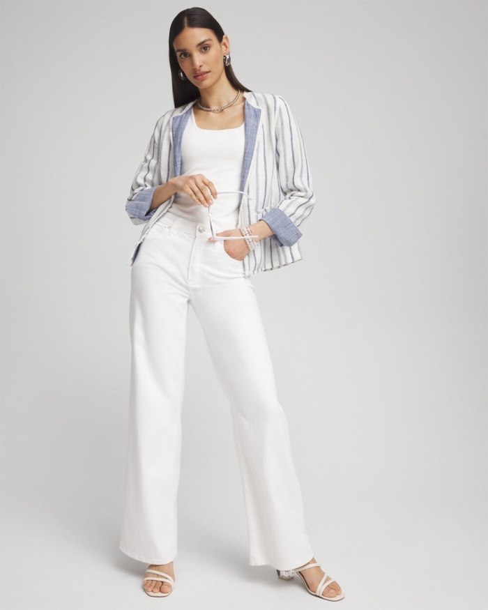 Chicos Stripe Linen Frayed Jacket - Alabaster