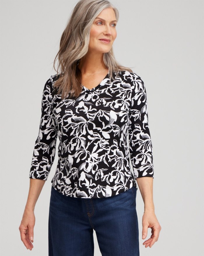 Chicos Abstract Print V-neck 3/4 Sleeve Tee - Black