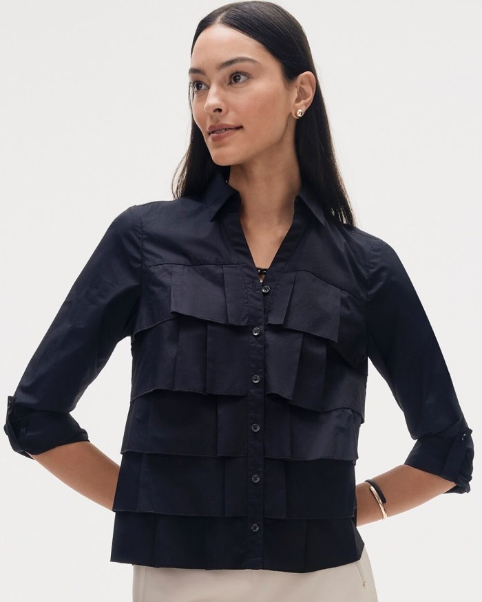 Chicos Poplin Ruffle Shirt - Black