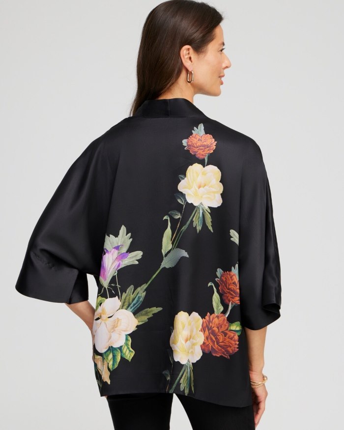 Chicos Floral Short Kimono - Black