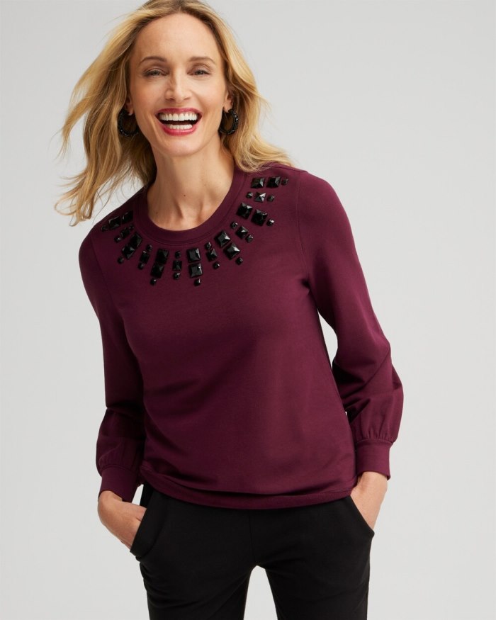 Chicos Zenergy Rhinestone Neck Sweatshirt - Deep Merlot