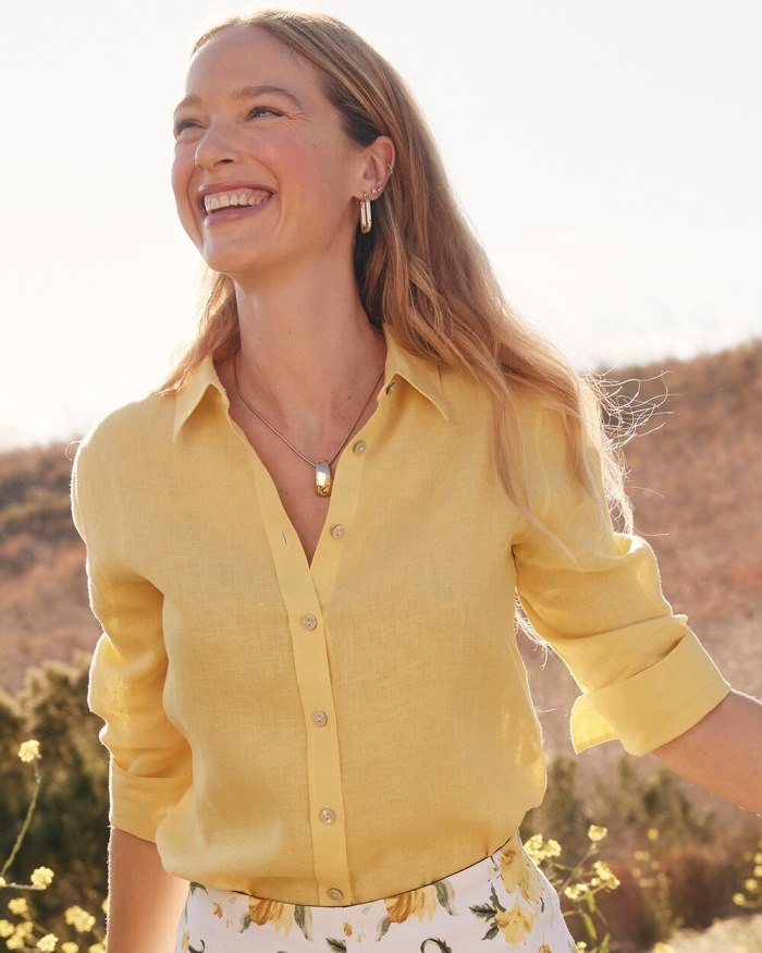 Chicos No Iron Linen 3/4 Sleeve Shirt - Lemon Blossom