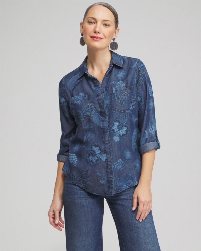 Chicos Twill Floral Fringe Shirt - Denim