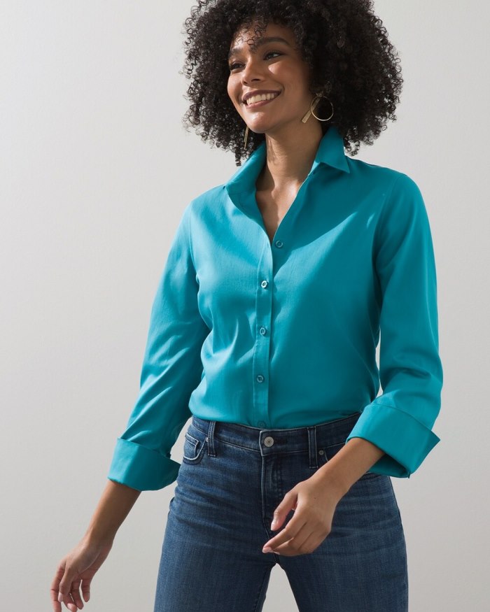 Chicos No Iron 3/4 Sleeve Stretch Shirt - Pagoda Blue