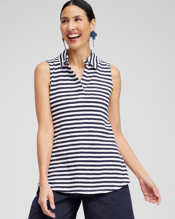 Chicos Stripe Collared Tunic Tank - Classic Navy