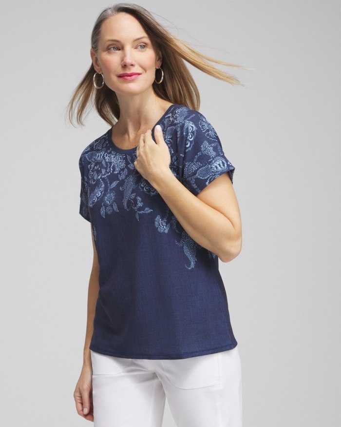 Chicos Zenergy Floral Drop Shoulder Tee - Classic Navy