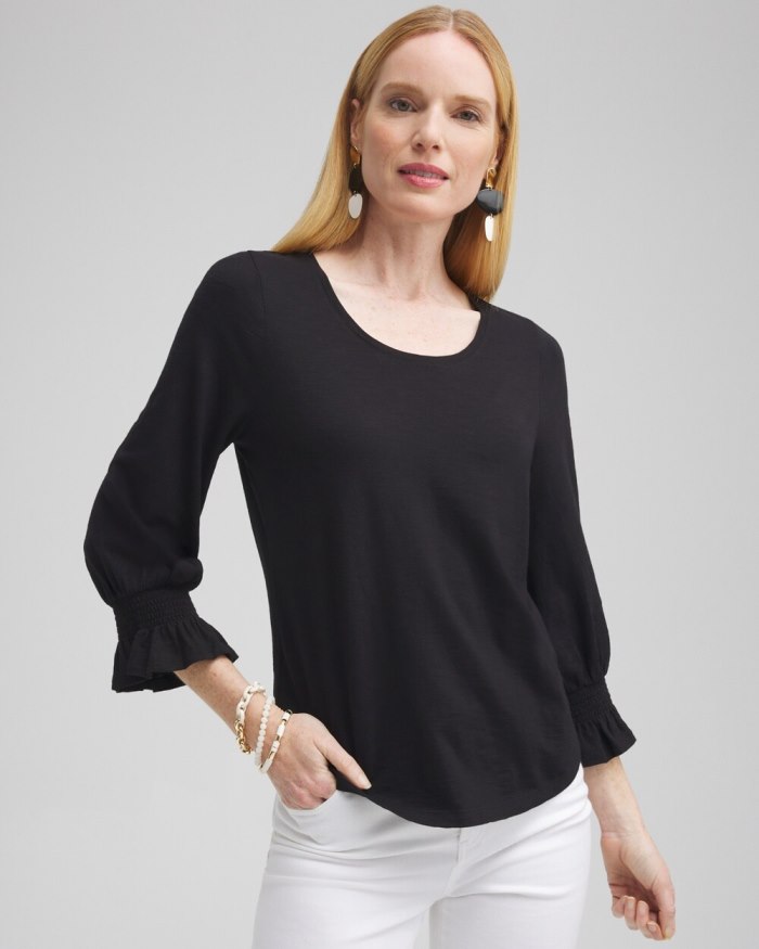 Chicos Smocked 3/4 Sleeve Tee - Black