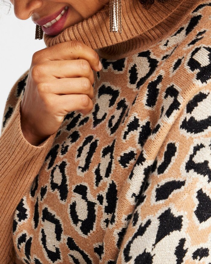 Chicos Animal Print Turtleneck Pullover Sweater - Camel