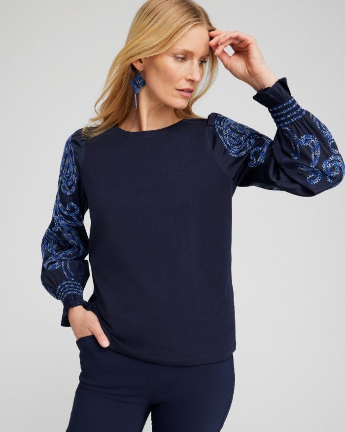 Chicos Embroidered Sleeve Top - Classic Navy