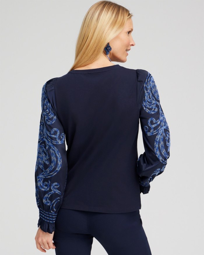 Chicos Embroidered Sleeve Top - Classic Navy