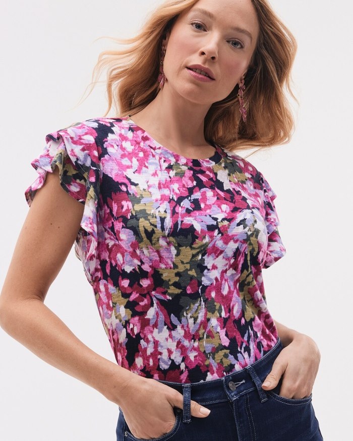 Chicos Abstract Flutter Cap Sleeve Tee - Magenta Rose