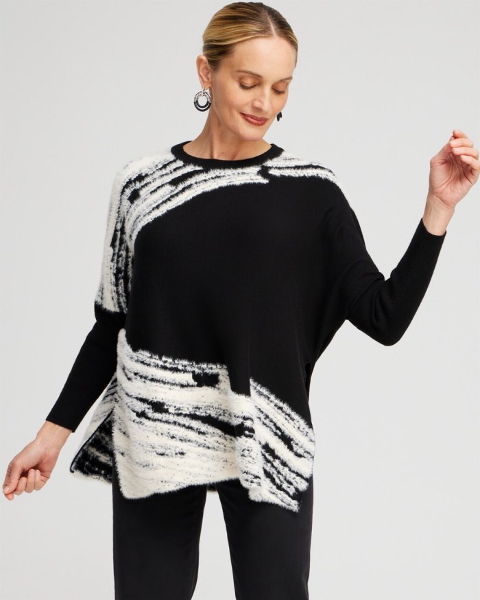 Chicos Cashmere Blend Jacquard Sweater Poncho - Black