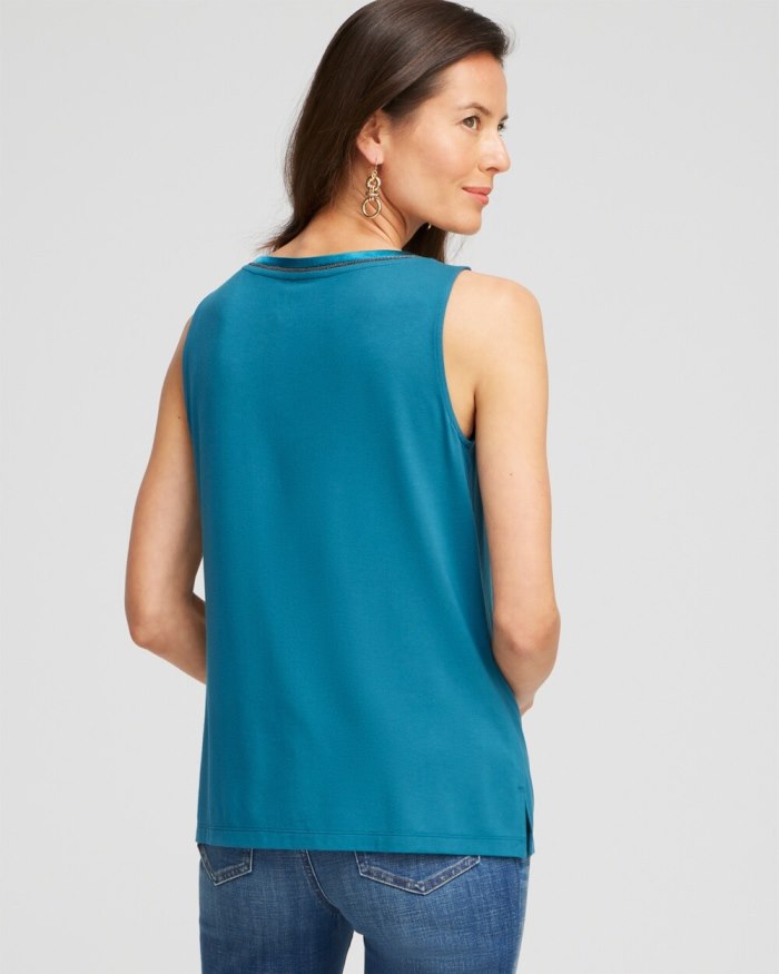 Chicos Touch of Cool Caviar Trim Tank - Moonlit Teal