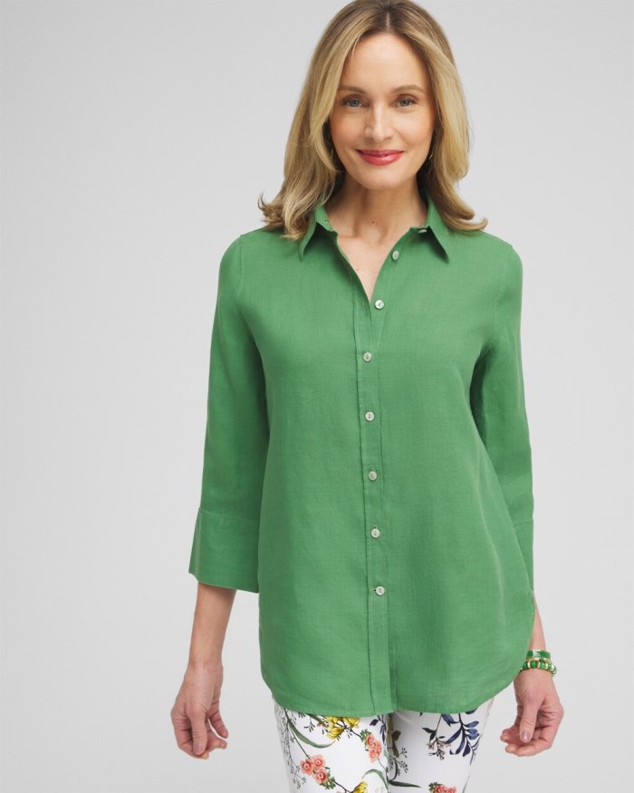 Chicos No Iron Linen 3/4 Sleeve Shirt - Verdant Green