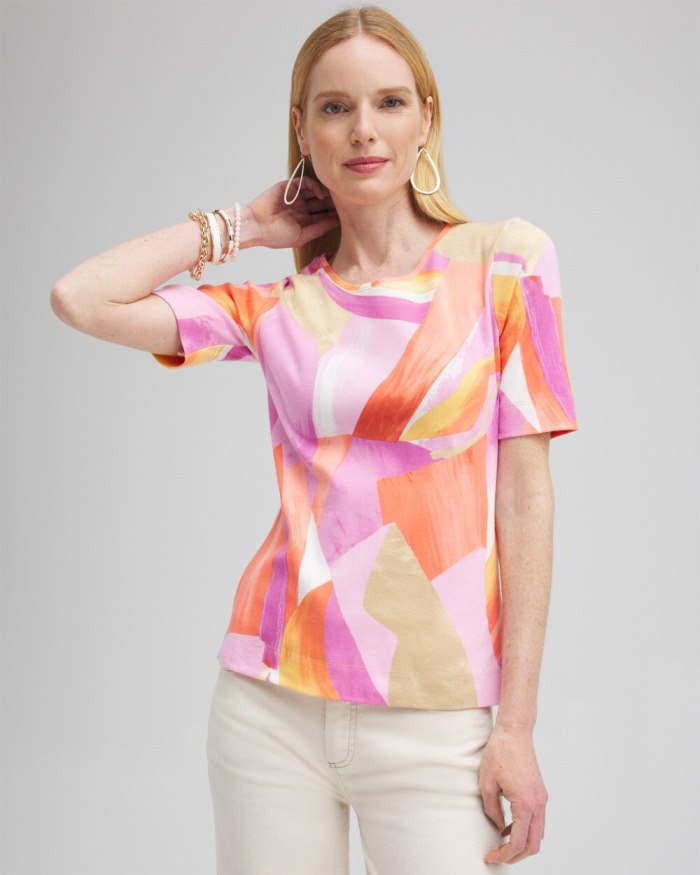 Chicos Abstract Everyday Elbow Sleeve Tee - Nectarine