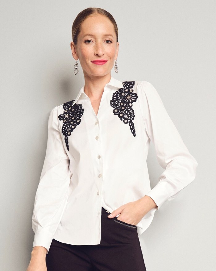 Chicos Poplin Lace Applique Shirt - Alabaster